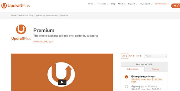 UpdraftPlus Premium Backup Plugin ( Bao gồm tất cả Add-ons)