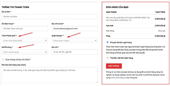 Plugin thêm Tỉnh,Thành phố - Quận,Huyện - Xã,Phường trang thanh toán Woocommerce